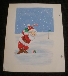 MERRY CHRISTMAS Santa Claus Playing Golf Candy Cane 5.5x7 Greeting Card Art #409
