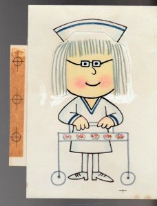 GET WELL SOON Cartoon Nurse Pushing Cart 5x7 Greeting Card Art #C9633 w 2 Cards
