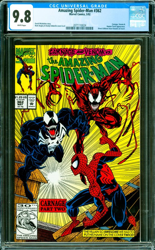 Amazing Spider-Man #362 CGC Graded 9.8 Carngae, Venom & Human Torch appearance.