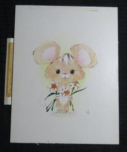 EASTER'S HERE Cute Mouse with White Flowers 7.5x10 Greeting Card Art #E2430