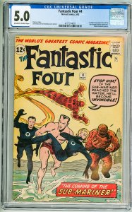 Fantastic Four #4 (1962) CGC 5.0! OWW Pages! 1st SA Appearance of Sub-Mariner!