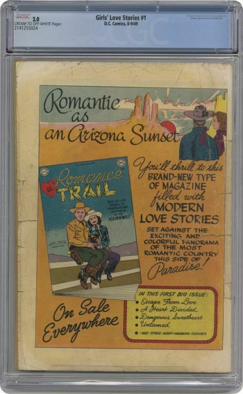 Girls' Love Stories #1 DC 1949 CGC  2.0 Photo Cover Pre Code