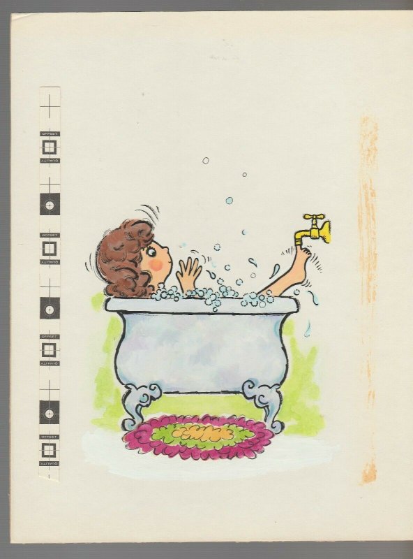 HAPPY BIRTHDAY Cartoon Woman in Tub 7.5x10 Greeting Card Art #B8829