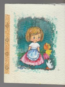 HAPPY EASTER Painted Cute Girl w/ Tulips & Duck 6x8 Greeting Card Art #E2227