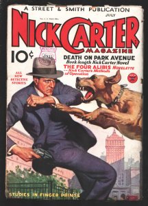 Nick Carter 7/1934-Nick Carter attacked by mad dog on cover-Death on Park Av...