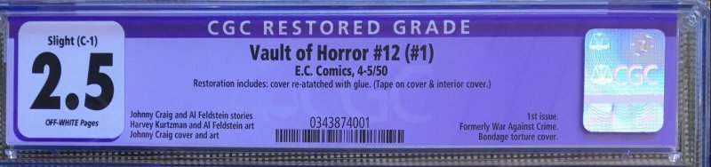 Vault of Horror #1 (#12 1950) CGC 2.5 -- Bondage torture cvr Slight restoration