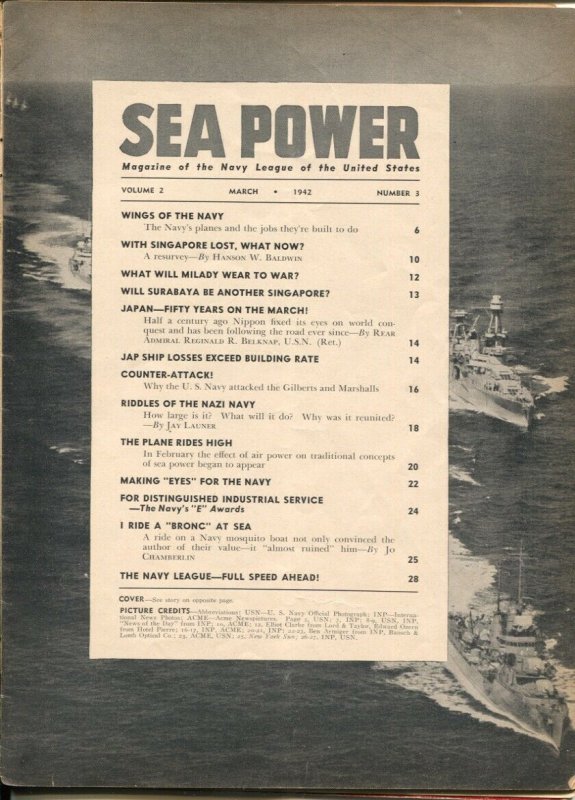 Sea Power 3/1942-Wings At War cover-Lester Greer-war pix &info-G