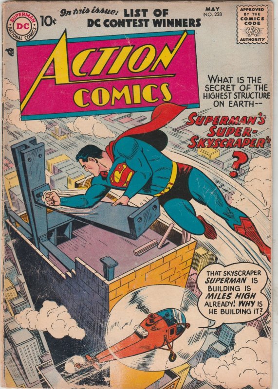 Action Comics #228 (May-57) FN- Mid-Grade Super-Skyscraper! Wythville CERT! Wow!