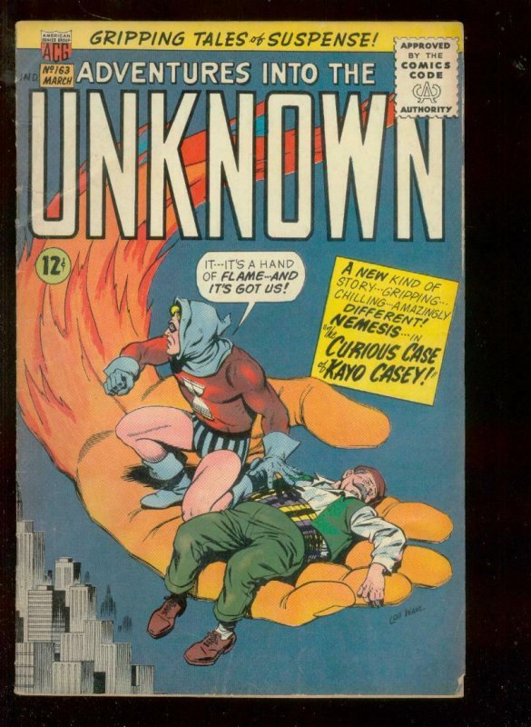 ADVENTURES INTO THE UNKNOWN #163 1966-FLAMING HAND COVR VG