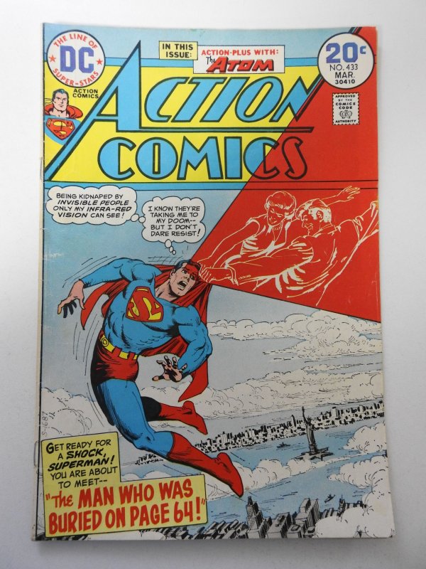 Action Comics #433 (1974) VG Condition centerfold detached top staple