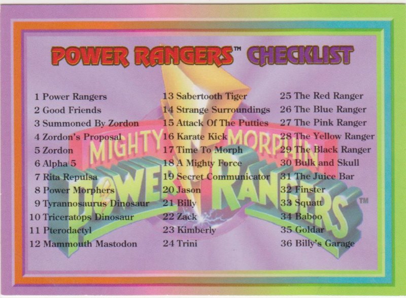 1994 Mighty Morphin Power Rangers #72 Checklist