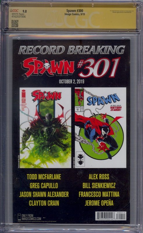 SPAWN #300 CGC 9.8 SS SIGNED MCFARLANE WHITE PAGES