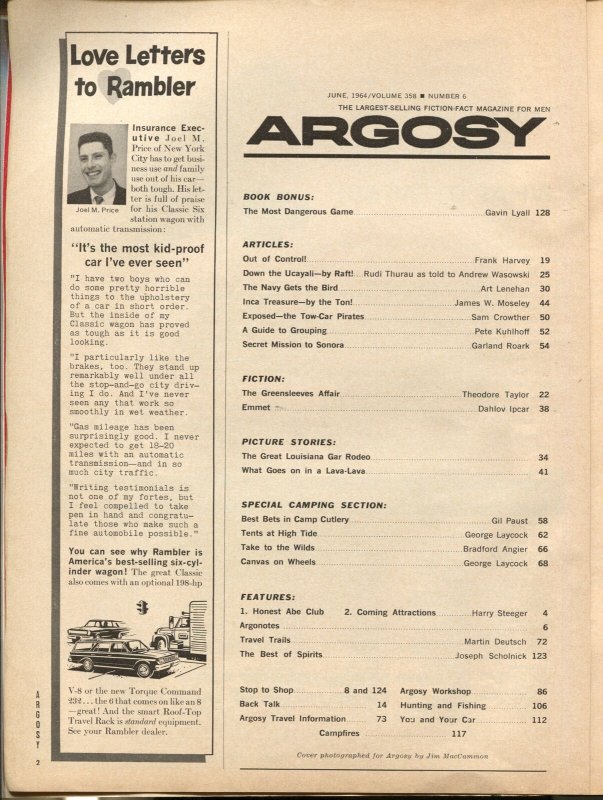 Argosy 6/1964-Popular Pubs-pulp fiction-Most Dangerous Game-cheesecake-VG/FN 