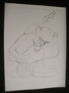 CHRISTMAS Cat Asleep in Slipper w/ Yarn Pencil Rough 11x14 Greeting Card Art #nn