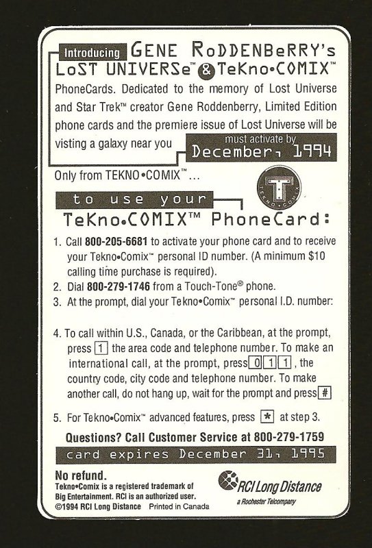 Tekno Comix Gene Roddenberry's LOST UNIVERSE 1994 Promo Phone Card