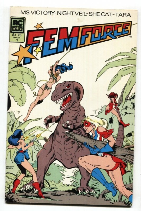 FEMFORCE #1 Dinosaur cvr 1985 Ms. Victory-Rio Rita-comic book GGA