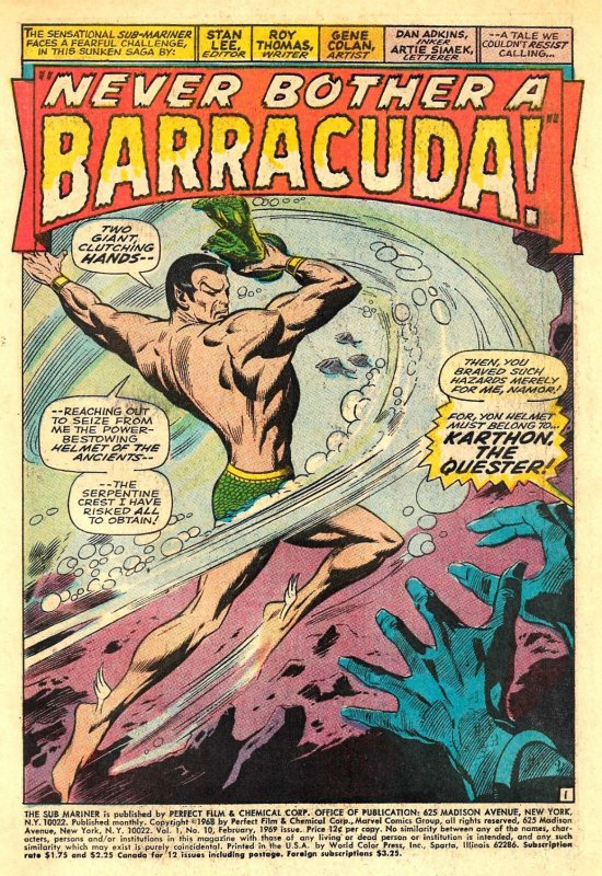 SUB-MARINER #10 &11 (1969) 5.0 VG/FN  Gene Colan artistry! BARRACUDA 2-parter!