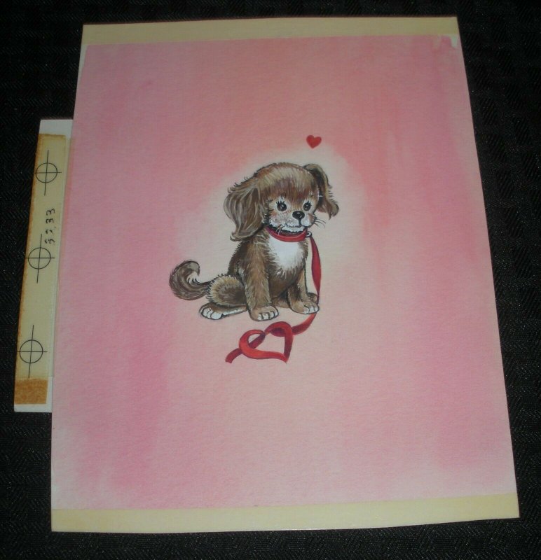 VALENTINES Painted Dog Puppy w/ Red Leash & Heart 6x8 Greeting Card Art #3233
