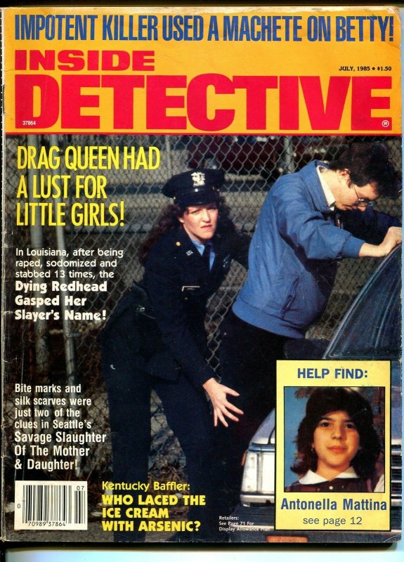 Inside Detective 7/1985-female cop frisks suspect-violent pulp crime thrills-FR
