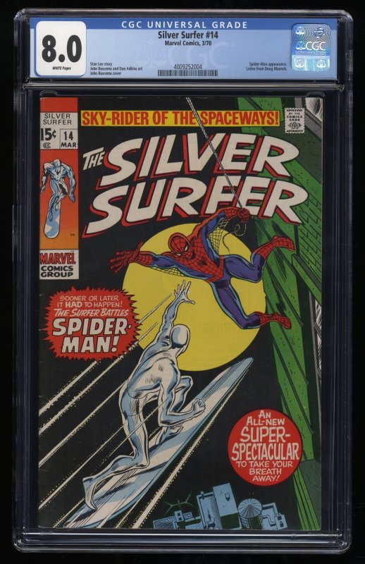Silver Surfer #14 CGC VF 8.0 White Pages Amazing Spider-Man Appearance!