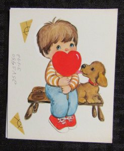 VALENTINES Cute Boy & Puppy on Bench w/ Heart 4x5 Greeting Card Art #V3492