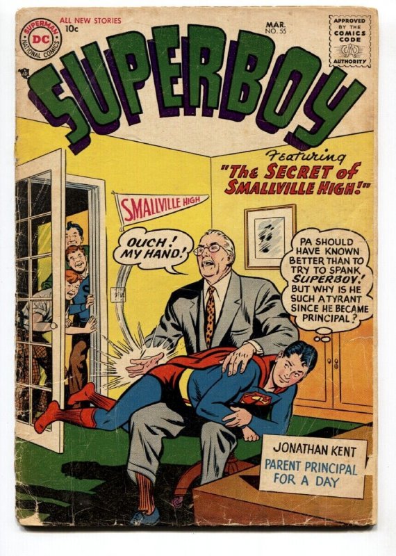 Superboy #55 1957-DC-spanking cover-Pa Kent-g