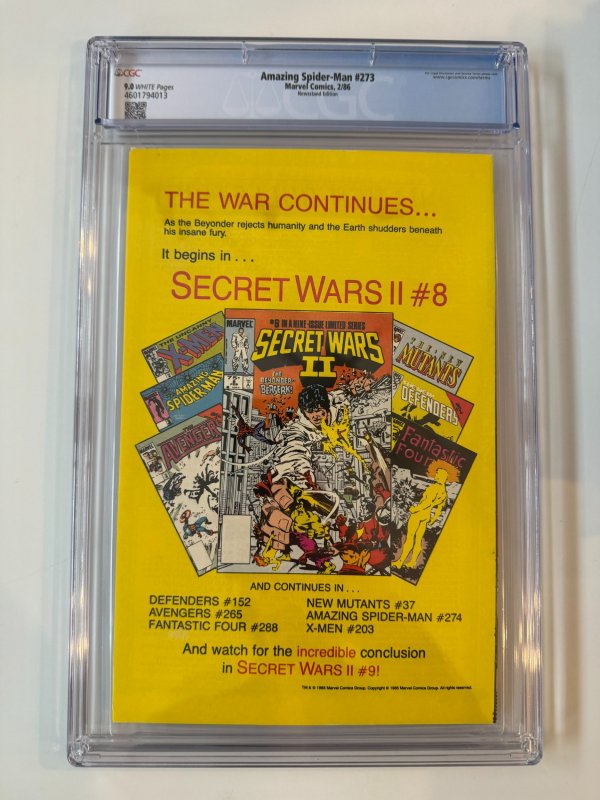 AMAZING SPIDER-MAN  #273 CGC  9.0 Newsstand (1986)