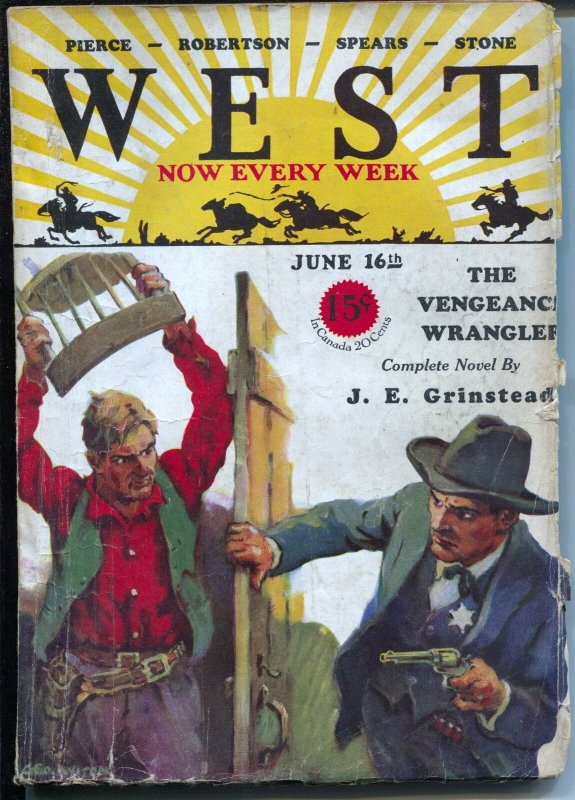 West 6/16/1928-Doubleday-pulp thrills-pierce-Robertson-Spears-Stone-G/VG