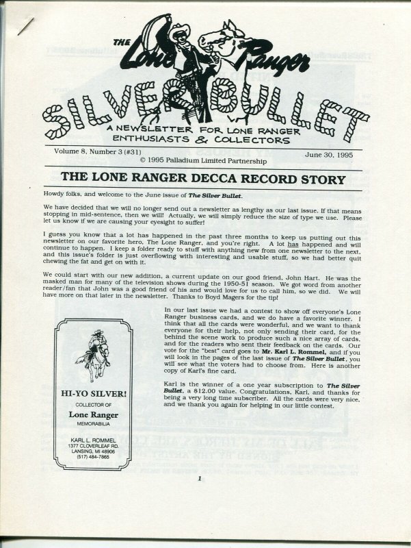 Lone Ranger Silver Bullet Newsletter #31 6/1995-Xerox format-limited printing-FN