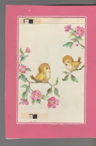 EASTER WISHES Two Cute Birds with Pink Flowers 5.5x8 Greeting Card Art #nn