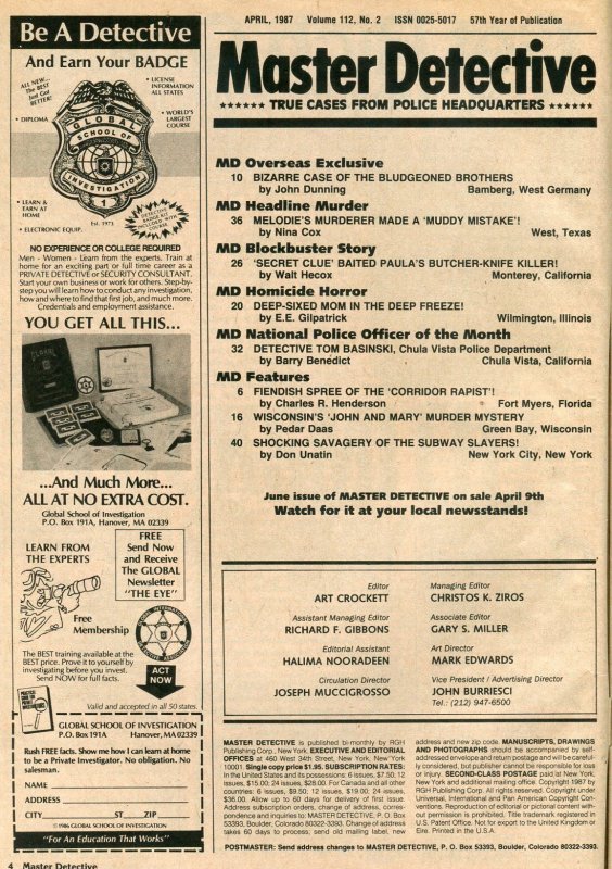 Master Detective Magazine April 1987-True Crime-  Butcher Knife Killer