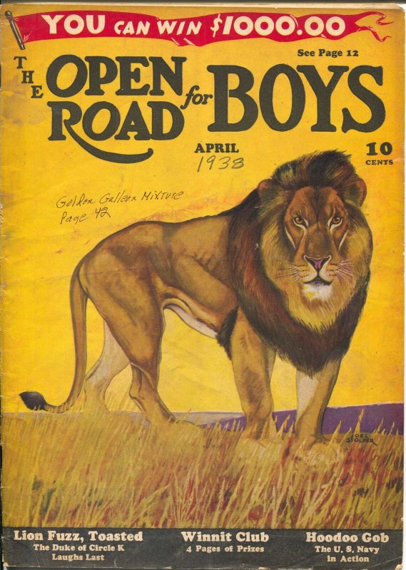 Open Road For Boys 4/1938-Joel Stolper lion cover-comic art-Pre WWII-G