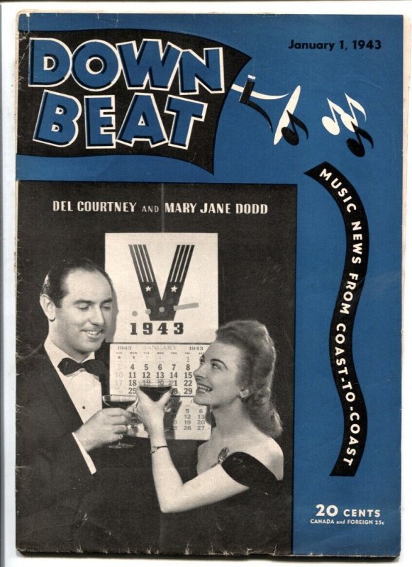 Down Beat Magazine 1/1/1943- Del Courtney and Mary Jane Dodd cover