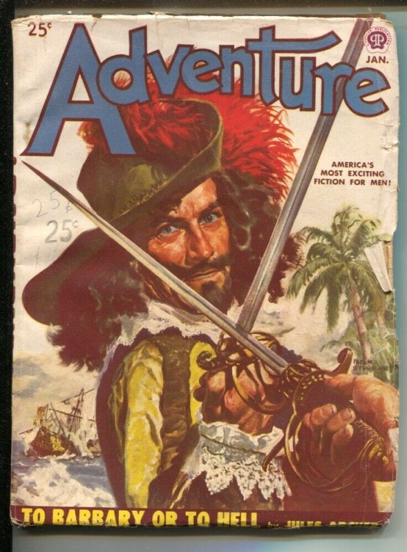 Adventure 1/1950-Popular-Peter Stevens Piracy cover-Pulp fiction-Jim Kjelgaar...