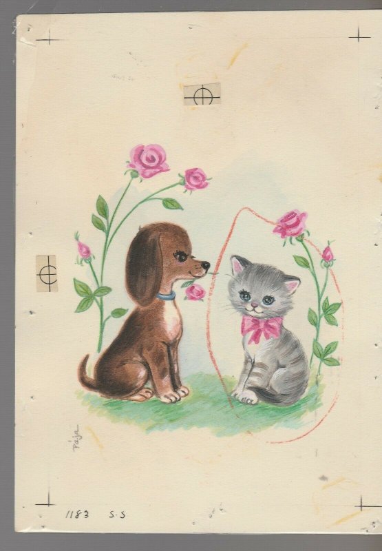 FRIENDSHIP Painted Puppy & Kitten w/ Pink Roses 5.25x7 Greeting Card Art #1183