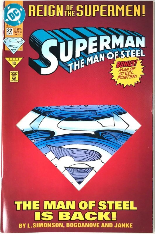 SUPERMAN THE MAN OF STEEL Comic Issue 22 -  1993 DC Universe — Die Cut Cover 