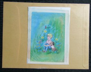 GET WELL SOON Painted Cute Boy Butterfly Puppy 5.5x7.5 Greeting Card Art #C1660