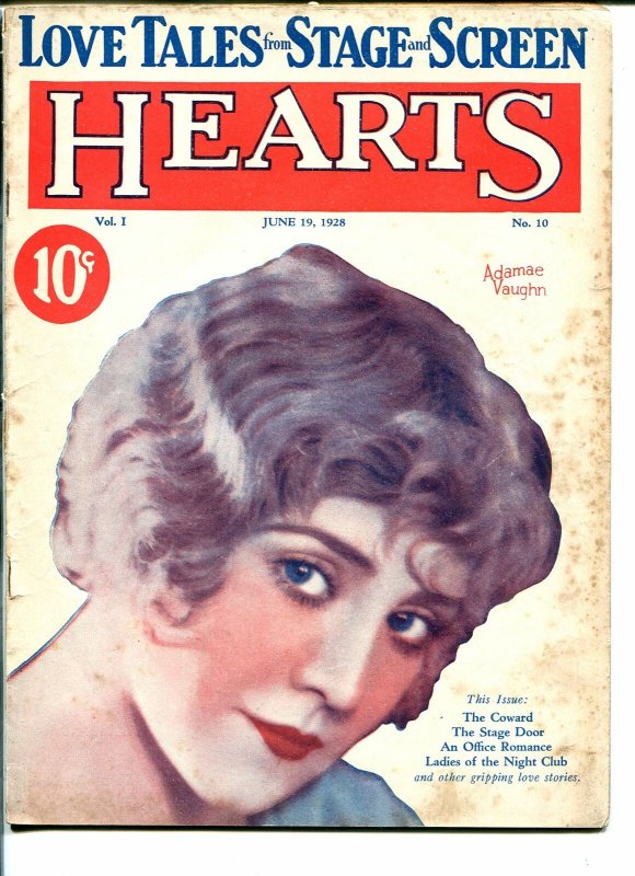 Hearts #10 6/19/1928-romance pulp- Adamae Vaughn-VG