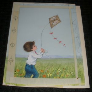 BIRTHDAY Cute Boy Flying Kite in Field 6x8 Greeting Card Art #1505