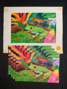 NOTE CARD Brightly Colored Tree Frogs 10x8 Greeting Card Art #6026 w/ 4 Cards