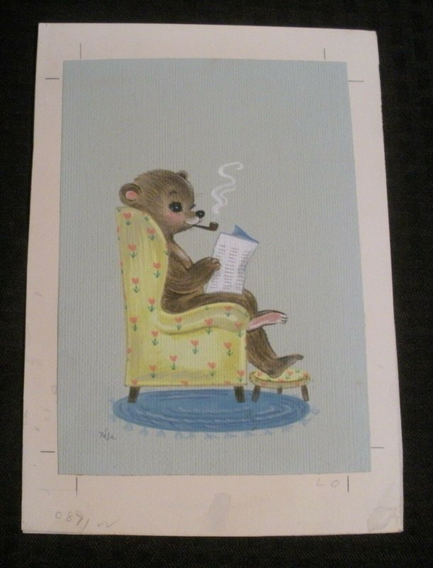 PAINTED TEDDY BEAR Smoking Pipe in Chair 7x9.5 Greeting Card Art #0891
