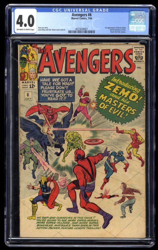Avengers #6 CGC VG 4.0 Off White to White 1st Appearance Baron Zemo! Stan Lee!