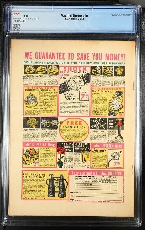 VAULT OF HORROR #20 CGC 4.0 1951 PRE-CODE HORROR EC COMICS