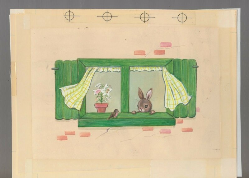 EASTER Cute Bunny Rabbit in Window with Bird 8.25x6.25 Greeting Card Art #E2430