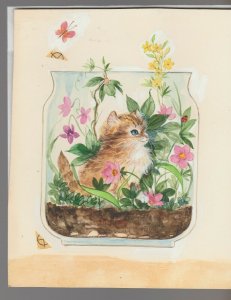 MOTHERS DAY Painted Kitten in Glass Jar Flowers 6x7.25 Greeting Card Art #MD7569