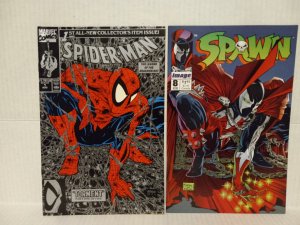 SPIDER-MAN #1 SILVER EDITION: 1990 + SPAWN #8 - TODD McFARLANE - FREE SHIPPING