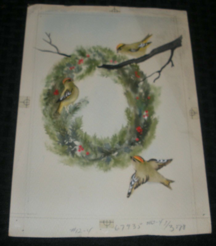 MERRY CHRISTMAS Wreath on Branch w/ Birds 7.25x10 Greeting Card Art #67935