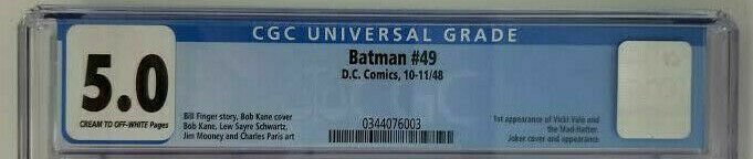 Batman #49 ~ 1948 DC ~ CGC 5.0 (VG/FN); 1st App. of Vicki Vale & Mad-Hatter