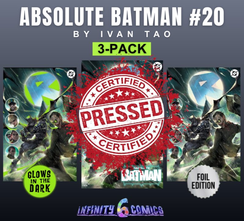 [PRESSED] ABSOLUTE BATMAN 20 ? TAO 3PACK TRADE FOIL VIRGIN GLOW-IN-THE-DARK SET
