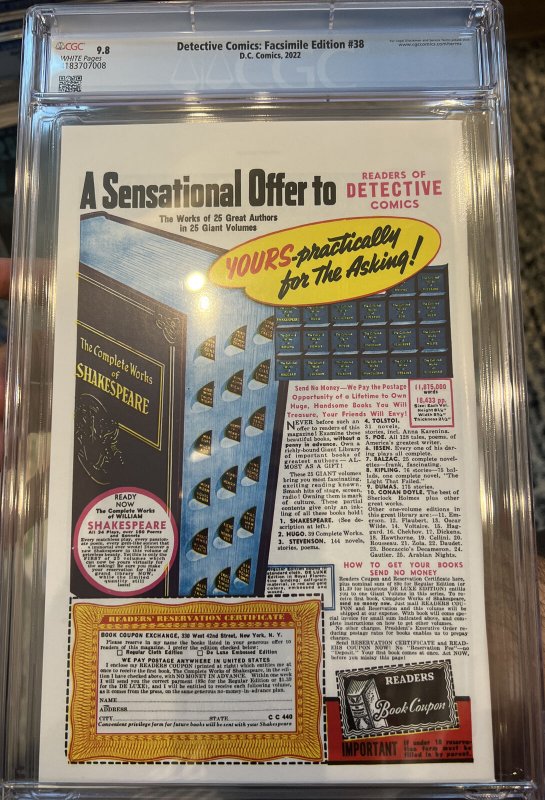 Detective Comics: Facsimile Edition #38 CGC 9.8 Batman 1st appearance of Robin 